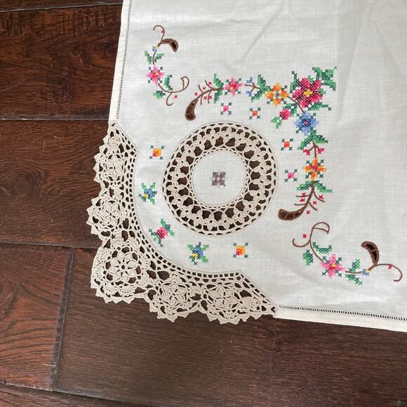 Handarbeit Brode Main Handmade Linen Tablecloth Cross Stitch Embroidery Lace - Picture 6 of 13